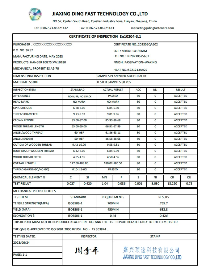 Mill test report for Stainless hanger bolts